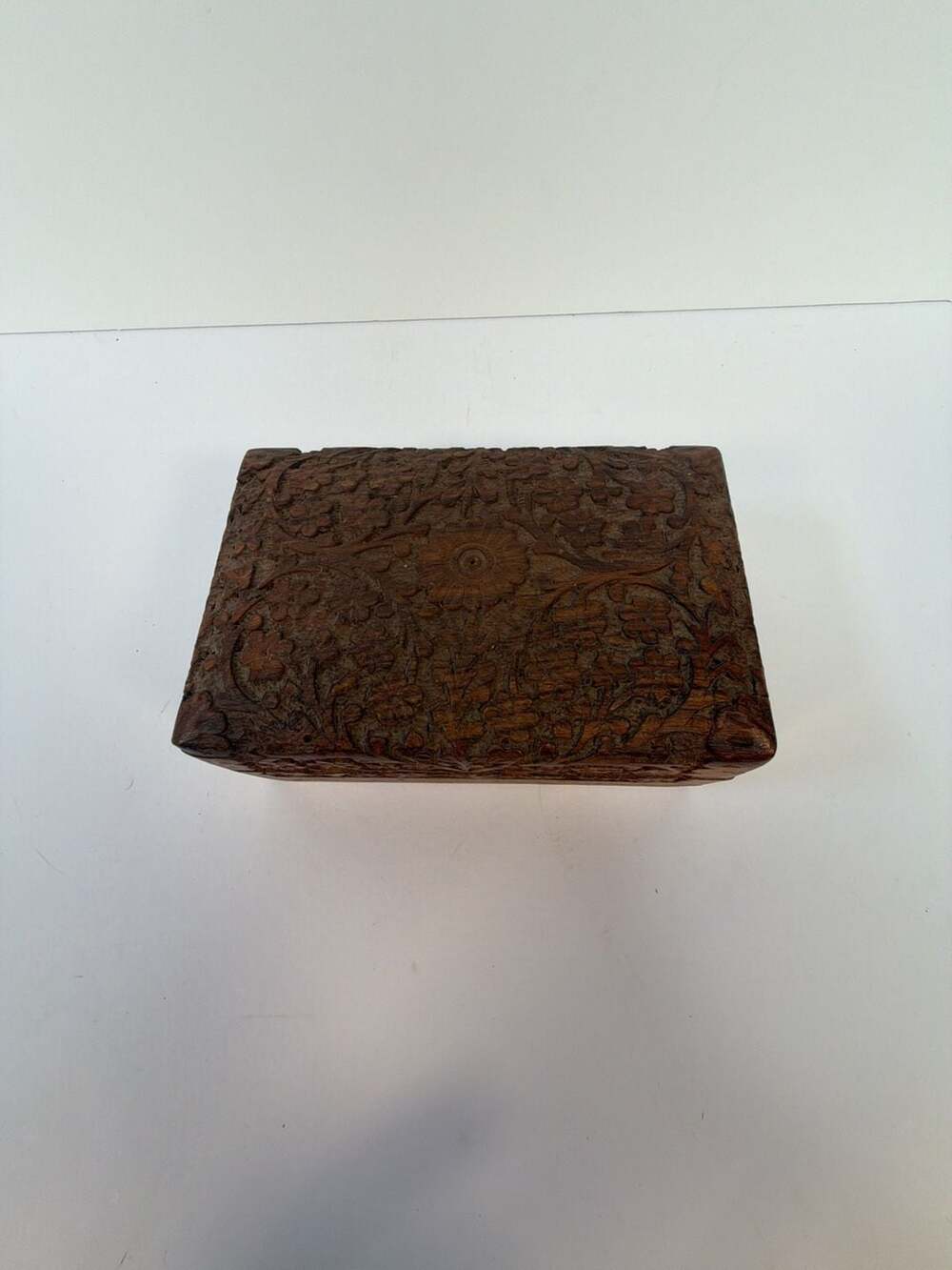 Hand Carved Wooden Floral Jewelry Box with Velvet Interior